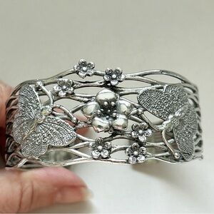 Stunning 999 Silver Flowers Vines Butterflies Cuff Bracelet